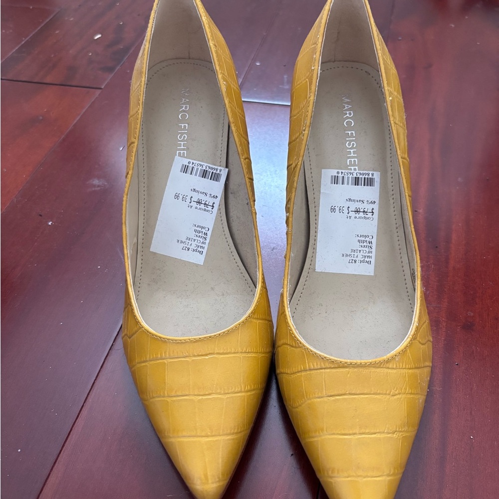 Marc Fisher Mustard Croc-Embossed Heels